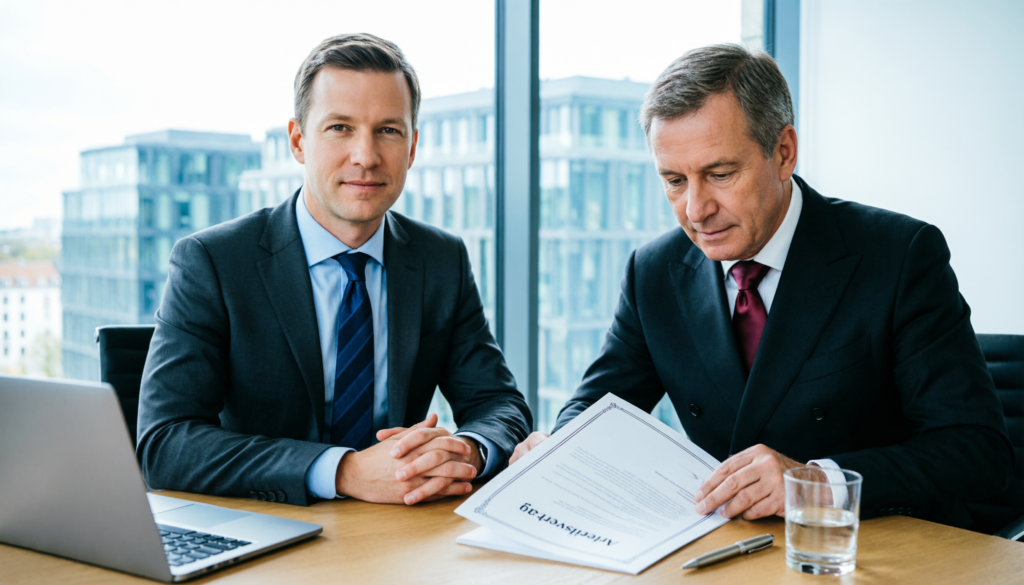 Arbeitnehmer und Arbeitgeber verhandeln über eine Abfindung nach einer Kündigung im Rahmen eines Kündigungsschutzverfahrens.
